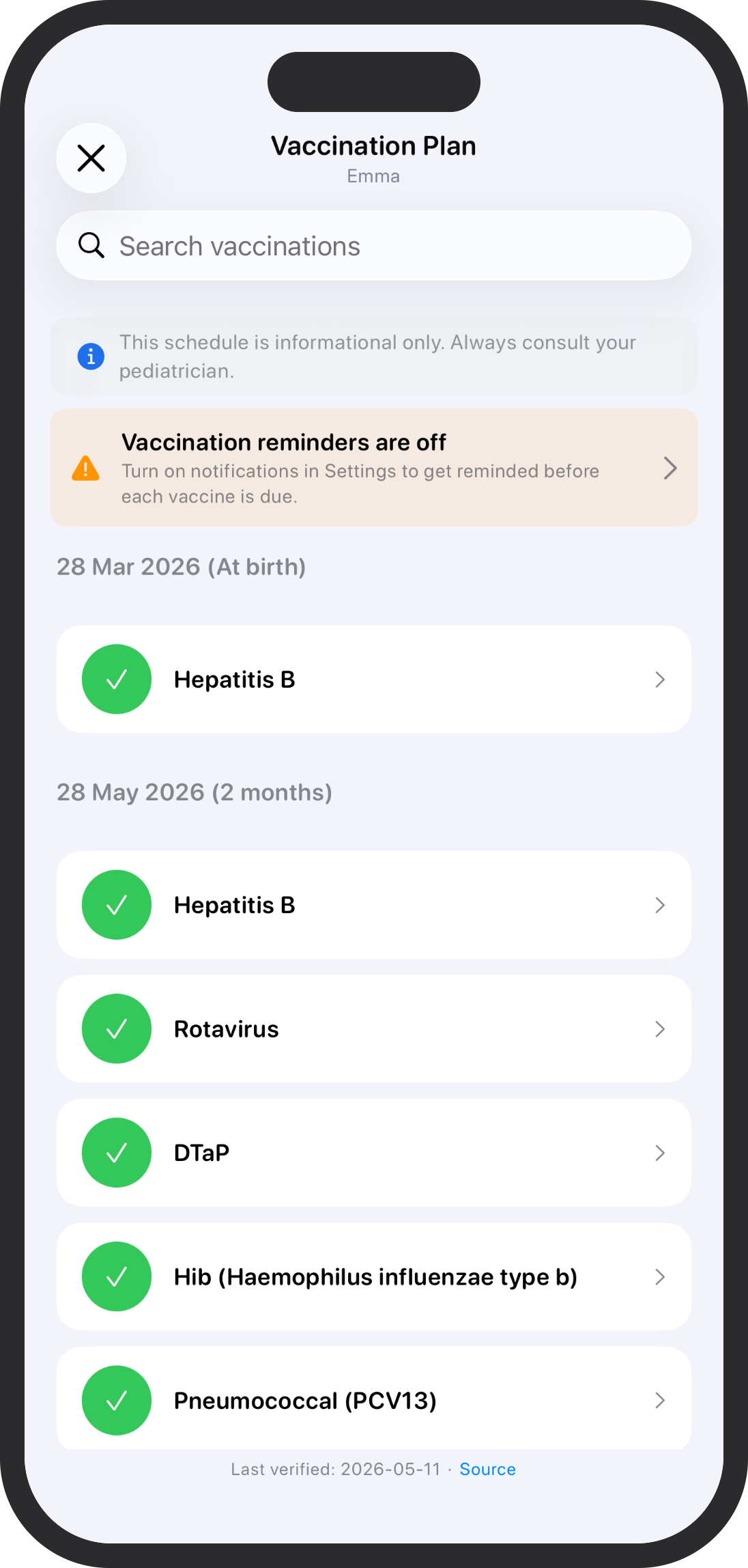 Vaccination timeline screenshot